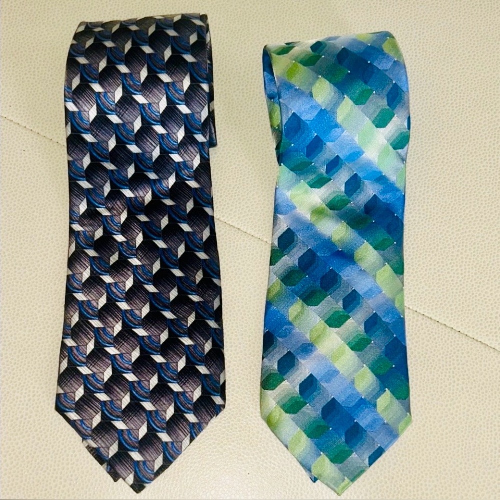 George 2 -Silk Geometric Patterned Neck Ties Gray/Blue & Blue/Green Career